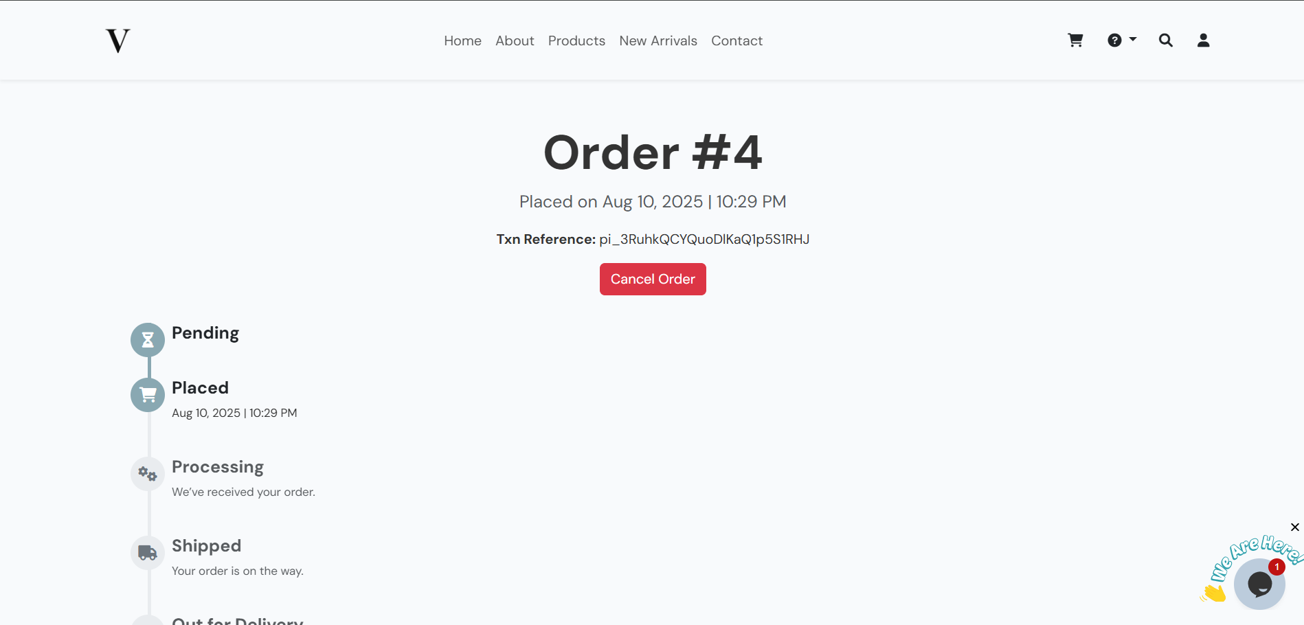 Cancel button on order page
